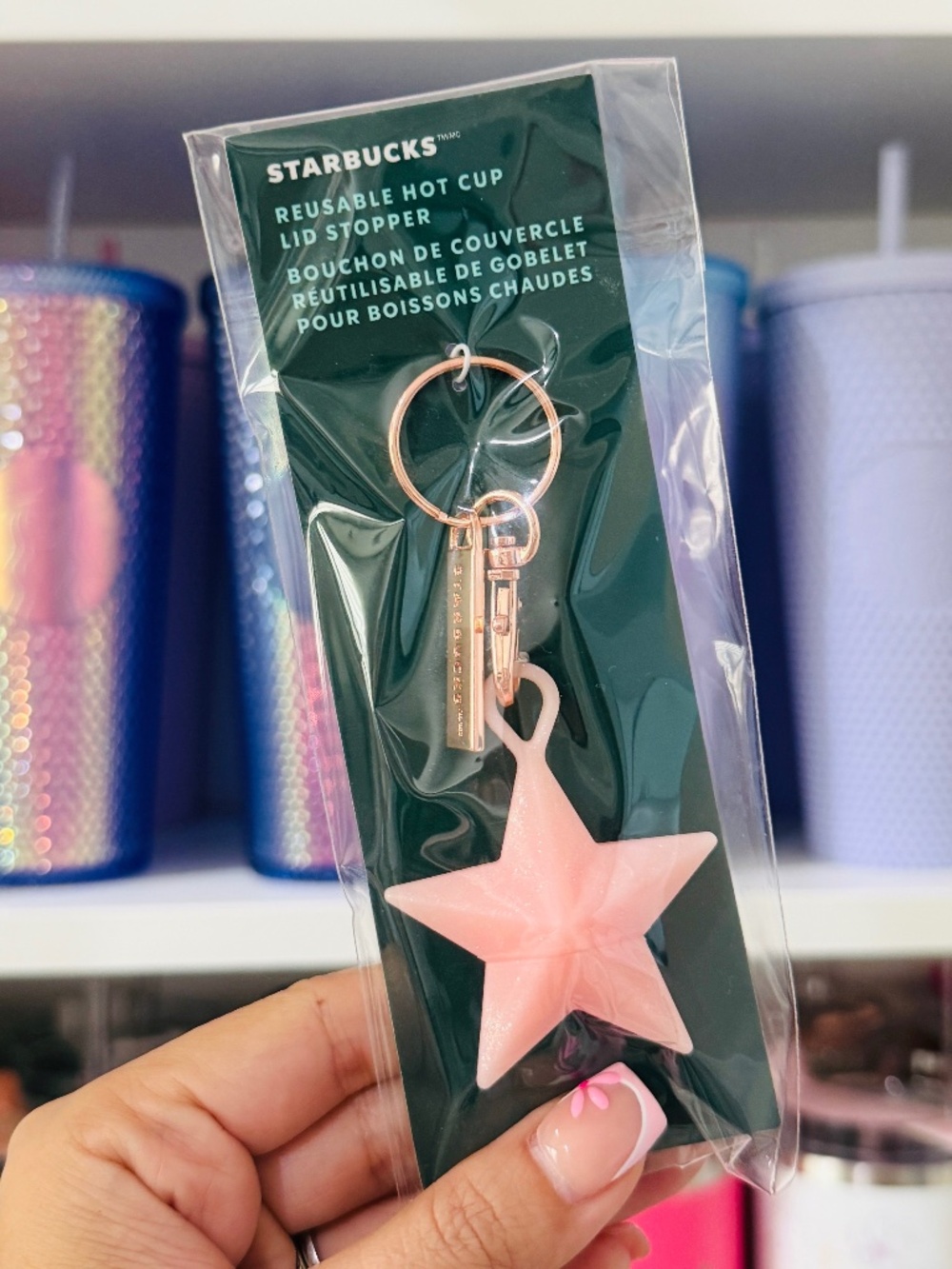 Pink Star Starbucks Reusable Hot Cup Lid Stopper Keychain